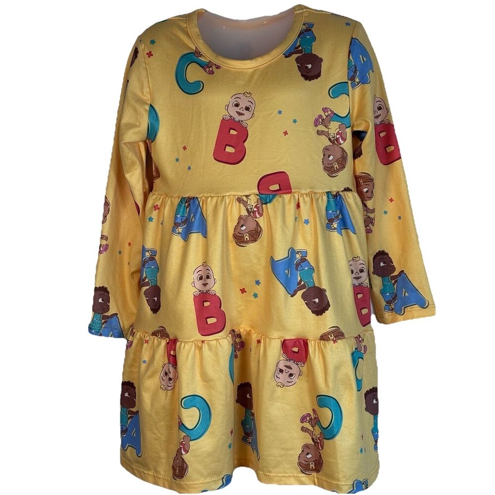 Cocomelon Toddler Girl Characters Alphabet Yellow Long Sleeved Dress - 2-3 Years